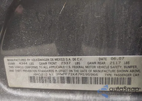 2007 Volkswagen Jetta 2.5 from USA, damaged, VIN 3VWPF71K47M195966